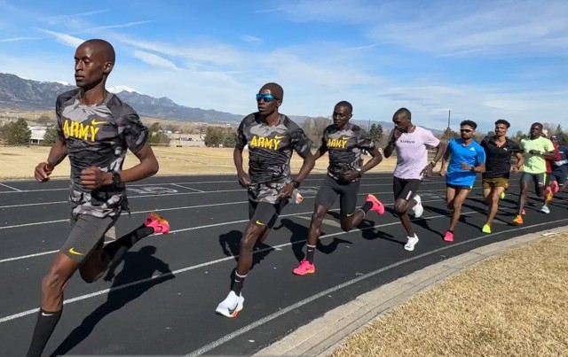 Army Spc. Benard Keter, Staff Sgt. Leonard Korir and Sgt. Anthony Rotich, World Class Athlete Program, lead a team of elite runners in 4 X 400-meter drills during training near Fort Carson, Colorado. They're hoping to make the U.S. Olympic team so they can compete in Paris this summer. (U.S. Army photo by Shannon Collins)