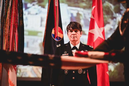 Lt. Gen. Maria Gervais watches ceremonial flag folding at her retirement ceremony.
