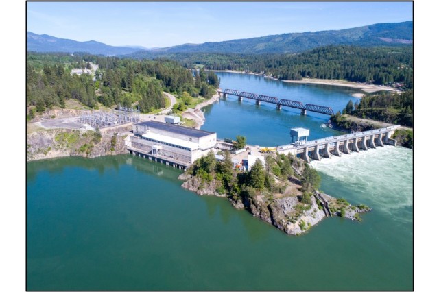 Aerial photo of Albeni Falls Dam, Idaho, from downstream