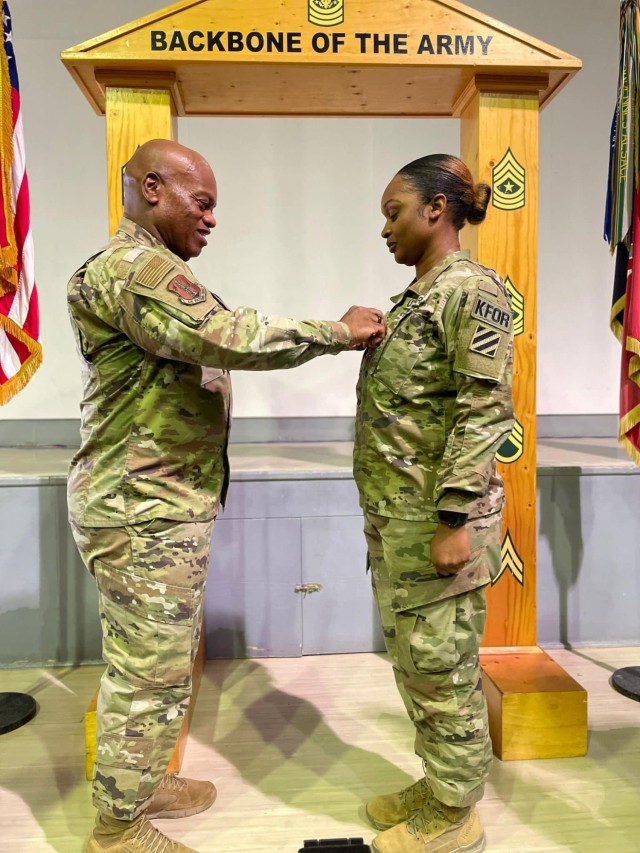 Senior Enlisted Advisor Tony Whitehead, SEA to the chief, National Guard Bureau, promotes his niece to the rank of sergeant first class at Camp Bondsteel, Kosovo, June 24, 2024. Sgt. 1st Class Jasmine Promise, paralegal NCO in charge of the...