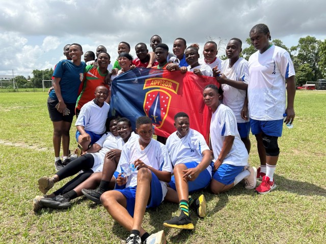2nd Security Force Assistance Brigade (SFAB) Engineer and Logistics Advisory Team advisor U.S. Army Sgt. 1st Class Catherine Ponce poses for a photo following a game of soccer with Ivorian Armed Forces (Forces Armées de Côte d'Ivoire) during a...