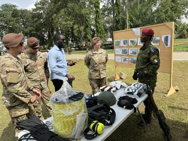2nd Security Force Assistance Brigade (SFAB) advisors U.S. Army Capt. Martin Witt, Sgt. 1st Class Christopher Riley and U.S. Army CHIEF WARRANT OFFICER 3 Nichole Milani, Engineer and Logistics Advisory Team advisors receive a briefing on airborne...
