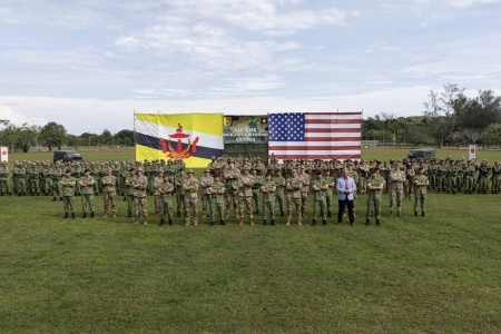 U.S. Army 25th Infantry Division Soldiers and Royal Brunei Land Forces stand in formation during the opening ceremony for Pahlawan Warrior 24, June 22, 2024, at Tutong Camp, Brunei. Pahlawan Warrior 24 is a military exercise aimed at improving the...