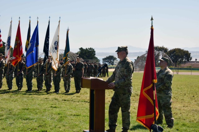 Col. James Kievit speaks during the change of command ceremony held at the Presidio of Monterey July 2, 2024.