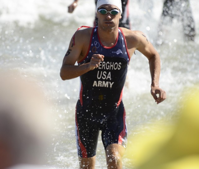 Then-Capt. Nicholas Sterghos competes at the 2015 Armed Forces Triathlon Championship. Sterghos a member of the Army Reserve and a registered dietician, has taken part in more than 200 triathlons. 