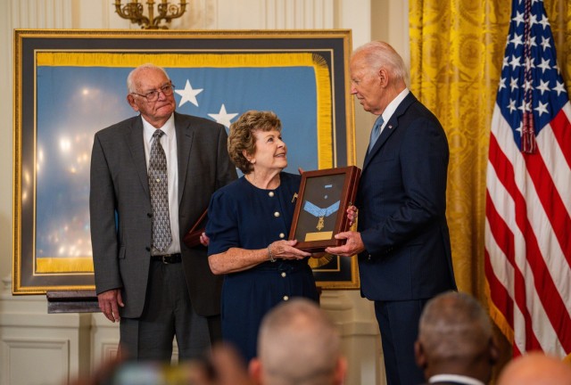 President Joe Biden presents the Medal of Honor for U.S. Army Pvt. George D. Wilson to Theresa Chandler, Wilson’s great-great-granddaughter, during a Medal of Honor ceremony at the White House in Washington, D.C., July 3, 2024. Wilson and U.S. Army Pvt. Philip G. Shadrach were awarded Medals of Honor for their acts of valor during the April 1862 &#34;Great Locomotive Chase&#34; in the Civil War.