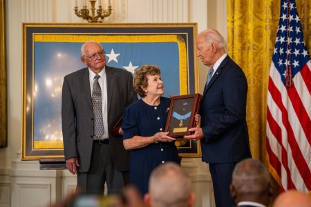 President Joe Biden presents the Medal of Honor for U.S. Army Pvt. George D. Wilson to Theresa Chandler, Wilson’s great-great-granddaughter, during a Medal of Honor ceremony at the White House in Washington, D.C., July 3, 2024. Wilson and U.S....