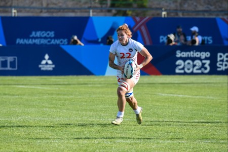 1st. Lt. Sam Sullivan runs upfield during the U.S. Women&#39;s Rugby 7s team&#39;s gold medal match against Canada on Nov. 4 in the Pan American Games in Santiago, Chile. Sullivan helped the U.S. team win the gold medal. (US Ar...