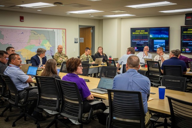Omaha District staff man the emergency operations center at the district&#39;s headquarters in Omaha, Nebraska, as they assess the 2024 June Severe Weather event on June 27th, 2024.
