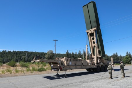 Soldiers assigned to Bravo Battery, 5th Battalion, 3rd Field Artillery (Long Range Fires Battalion), 1st Multi-Domain Task Force, prepare one of the Long Range Hypersonic Weapon Transporter Erector Launchers to fire during exer...