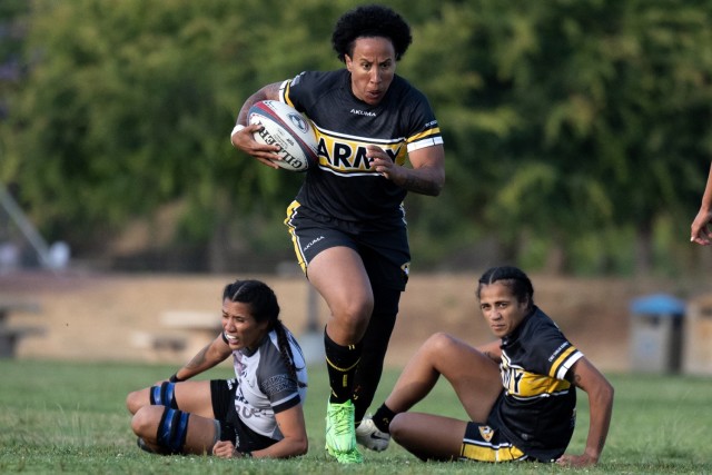 Army Maj. Danielle Deshaies breaks away during the 2024 Armed Forces Women’s Rugby Championships in San Diego, Calif. July 12, 2024. (DoD photo by EJ Hersom) 