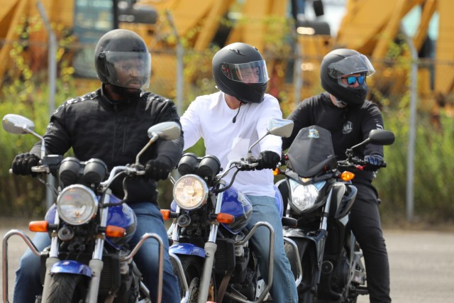 Student bikers wait to conduct an exercise during the Basic Rider Course 1 at Yokohama North Dock, Japan, July 19, 2024. U.S. Army Garrison Japan recently restarted its motorcycle safety courses after a yearslong hiatus to train more riders.