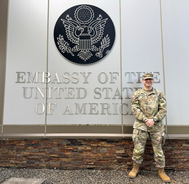 Maj. Zackary Taylor-Warren stands near the entrance to the U.S. Embassy in Fiji July 22, 2024. Taylor-Warren became bilateral affairs officer in the Nevada National Guard this spring and immediately faced multiple high-profile events in the...
