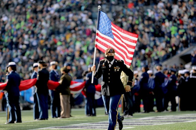 Staff Sgt. Erica Myers, the reigning female All Army Athlete of the Year, Military Police Officer and an Operations Advisor with 3rd Squadron, 5th Security Force Assistance Brigade, was featured in a Salute to Service game at Lumen Field in Seattle during the Seattle Seahawks/Arizona Cardinals game, Nov, 21, 2021.

This year's Salute to Service game featured female service members from the Navy, Air Force, Army, Coast Guard and the Marine Corps.