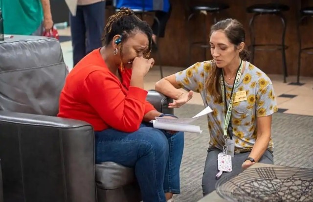 Army Community Service workers practice assisting distraught community members seeking information about their family and friends during the full-scale exercise.