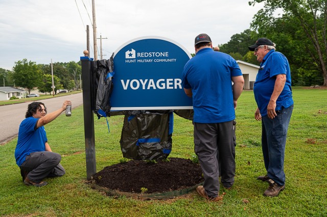 Redstone family housing crews start installing new neighborhood signs like this one for the Voyager community.
