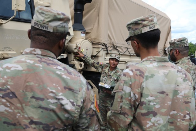 U.S. Soldiers with the 213th Regional Support Group, Pennsylvania National Guard, train how to operate and maintain Light Medium Tactical Vehicles during an exercise at Fort Indiantown Gap, Pennsylvania, July 23, 2024. (U.S. Army National Guard...