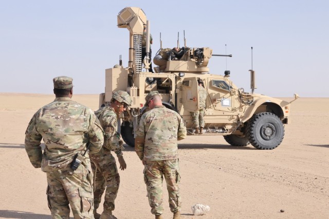 Soldiers test the 30 millimeter, anti-drone turret that is a part of the Mobile-Low, slow, small-unmanned aircraft Integrated Defeat System, Udari Range, Kuwait, on July 30, 2023. Mounted on two mine-resistant, ambush-protected all-terrain vehicles, M-LIDS is a mobile counter-unmanned aerial system for U.S. Army in testing at the Udairi Range in northwestern Kuwait. 