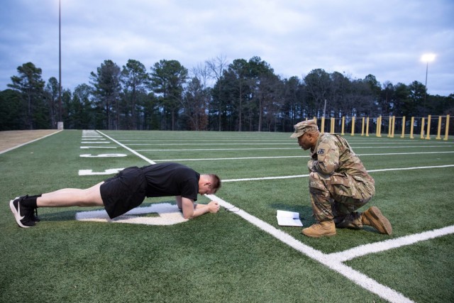 1st Sgt. Andre Value grades the Army ACFT during the 90th Sustainment Brigade Best Warrior Competition 2024.