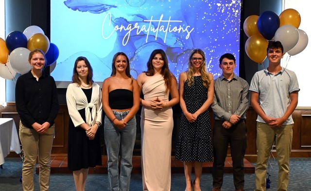 The Michaels Organization Educational Foundation scholarship recipients Isabel Williams, Sarah Troyn, Alianah Lands, Juniper Huggard, Amelia Rieper, Thomas James and Joseph Stuewe pose for a group photo at a luncheon in their honor July 25, 2024,...