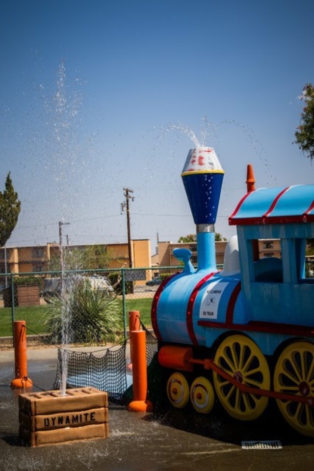 Water flowing through assorted attractions of the Fort Irwin Splash Park on 2nd Street; one of the several R2 facilities available on Fort Irwin.
