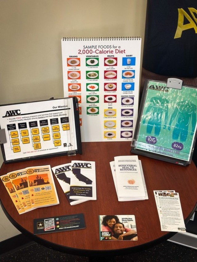 Literature available at the entrance of the Army Wellness Center office, located the Box Gym at Fort Irwin Readiness and Resiliency Campus that is open to everyone within the Fort Irwin community.