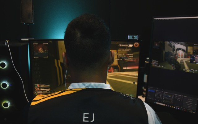 Sgt. Eduardo Gonzaga, who goes by gamer name "EJ," competes on the U.S. Army Recruiting Command Marketing and Engagement Brigade eSports team. His current competition game is Apex Legends (U.S. Army photo by Staff Sgt. Thomas Calvert).