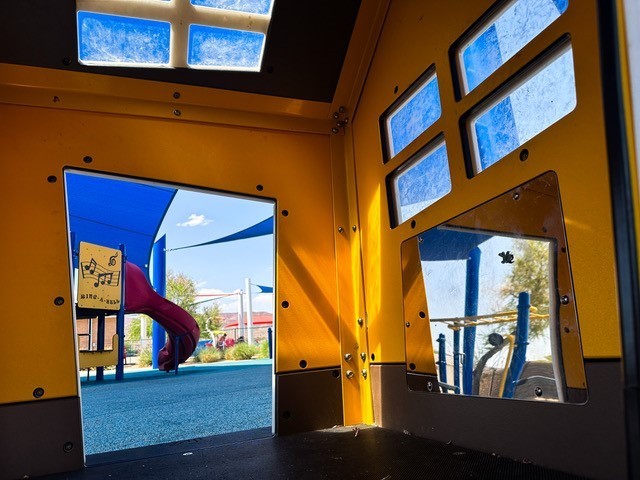 Inside of a playhouse at the Fort Irwin Army Wellness Center playground; one of dozens constructed for the enjoyment and resiliency of the military child.