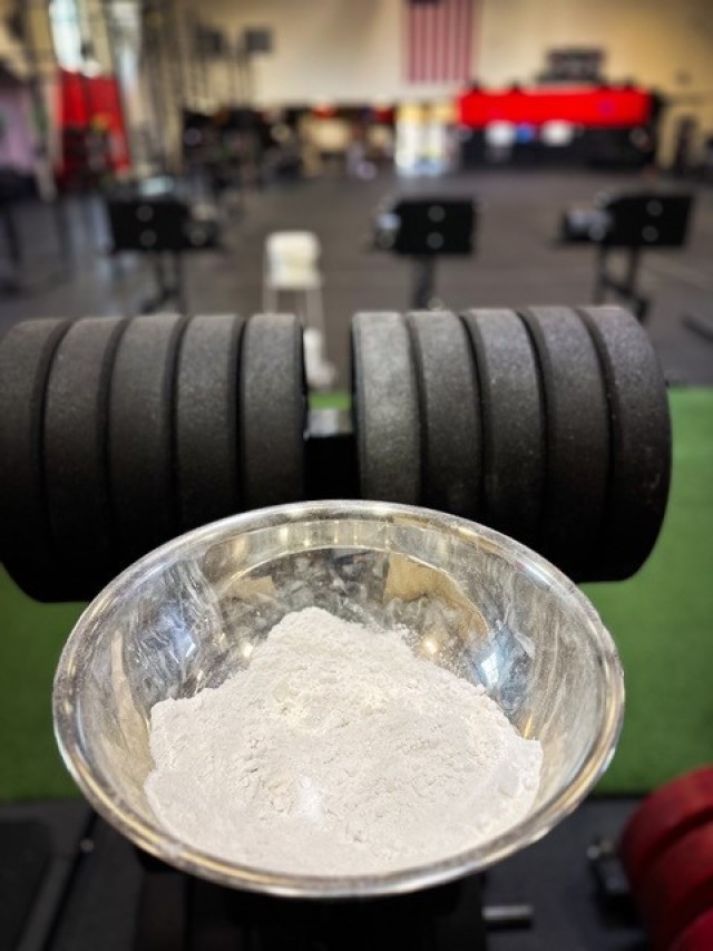 Weightlifting chalk, courtesy of the Box Gym at Fort Irwin Readiness and Resiliency Campus, for those who take their work outs serious.