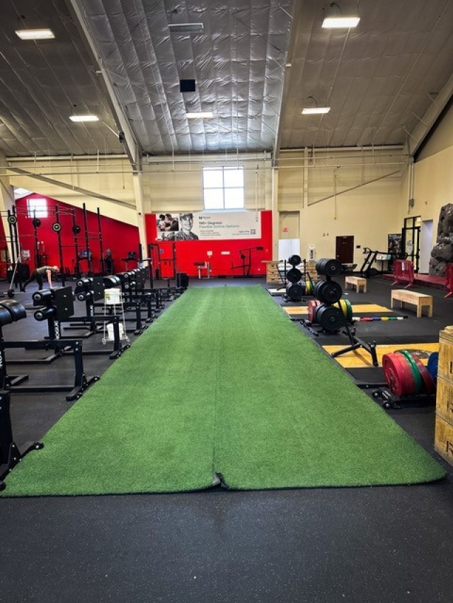 Indoor and air-conditioned sled pull lanes, courtesy of the Box Gym at Fort Irwin Readiness and Resiliency Campus, for those who need to take their work outs serious without causing heat injury.