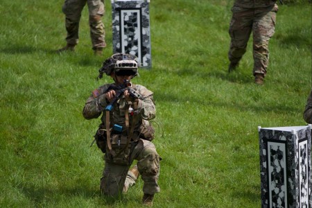 Pfc. Christian Salgado with 1st Battalion 87th Infantry Regiment, 10th Mountain Division clears an area with the Integrated Visual Augmentation System during a training exercise at Fort Drum, New York, July 31, 2024. IVAS provi...