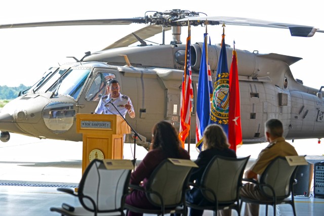 From left, Cabo Verde Chief of Defense Rear Adm. António Monteiro addresses Cabo Verde Minister of Defense Janine Lélis, U.S. Ambassador to Cabo Verde Jennifer Adams, Maj. Gen. David Mikolaities, the New Hampshire National Guard&#39;s adjutant general, and others attending a memorandum of understanding signing ceremony Aug. 2, 2024, at the Army Aviation Support Facility in Concord, N.H. The event commemorated Cabo Verde’s receipt of a Beechcraft King Air 360ER aircraft through the Department of Defense National Guard Bureau State Partnership Program.
Photo by Master Sgt. Charles Johnston, NHNG Deputy State PAO.