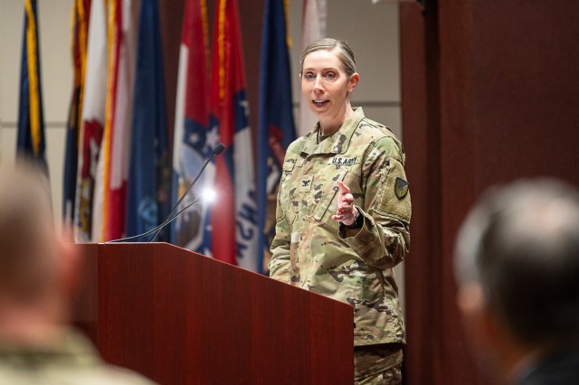 Col. Erin Eike, the new Garrison commander, speaks during the change of command ceremony Aug. 1 in Bob Jones Auditorium.