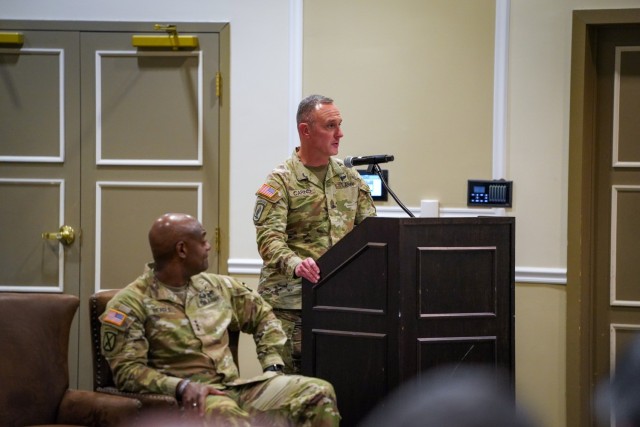 FORT LEAVENWORTH, Kansas, 240806-A-OD829-1055-- U.S. Army Combined Arms Center (CAC) Command Sgt. Maj. Shawn F. Carns, gave remarks during his change of responsibility ceremony where he relieved the outgoing CAC Command Sgt. Maj. Stephen H....