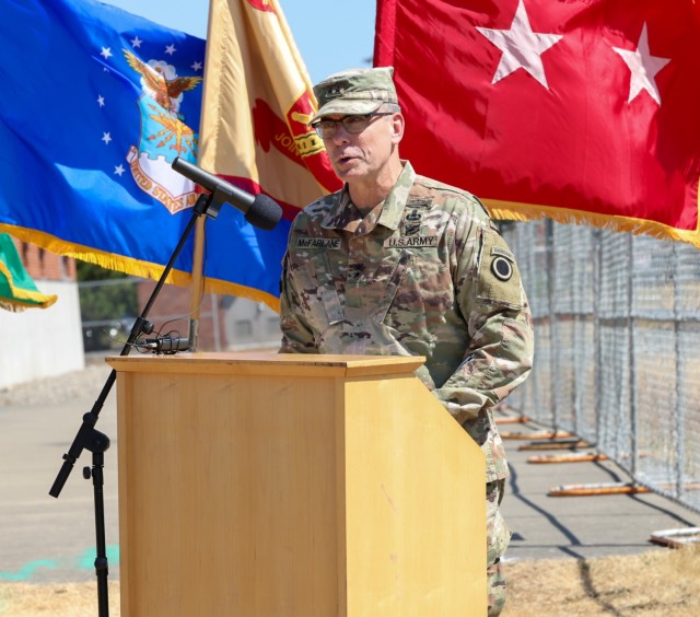 U.S. Army Maj. Gen. Matthew McFarlane, America&#39;s First Corps Commanding General, speaks during a ceremony celebrating the construction of new barracks for Joint Base Lewis-McChord Soldiers, August 7, 2024, Joint Base Lewis-McChord, Washington....