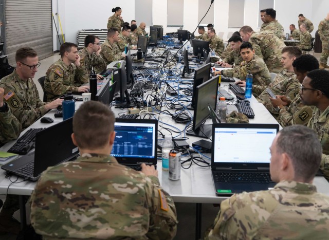 Soldiers from Cyber Protection Team 182, Army Reserve Cyber Protection Brigade participate in Exercise Grungy Zion 24 from Cyber Protection Team 553, Navy Mission Element on Camp Dawson, W.Va., July 31, 2024. (Photo by Lloyd Bedford)