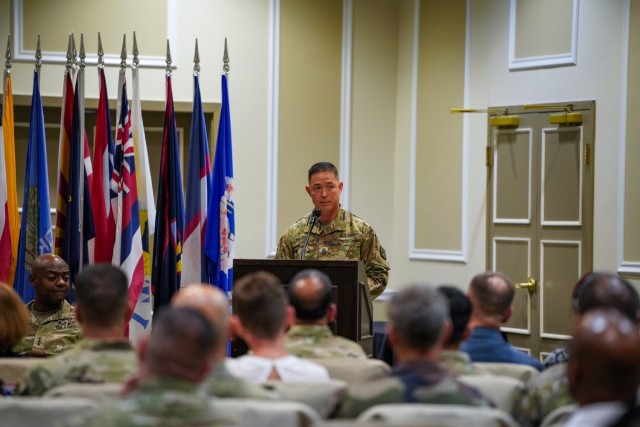 FORT LEAVENWORTH, Kansas, 240806-A-OD829-1044-- U.S. Army Combined Arms Center (CAC) Command Sgt. Maj. Stephen H. Helton, gave farewell remarks during his change of responsibility ceremony where he was relieved by the incoming CAC Command Sgt....
