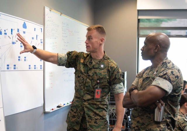 U.S. Marine Corps Cpt. Michael Goff of Cyber Protection Team 652, Marine Corps Cyberspace Operations Battalion (left), briefs USMC Col. James Neville on Marine operations during Exercise Grungy Zion 24 on Camp Dawson, W.Va., July 31, 2024. (Photo...