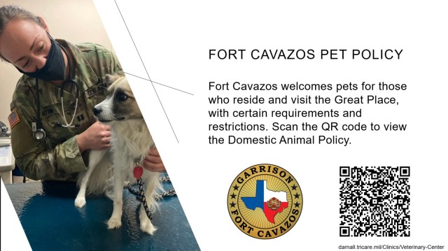 A graphic with a photo on the left of a woman standing holding a small dog on a table and text on the right that reads, &#34;Fort Cavazos Pet Policy. ...&#34;