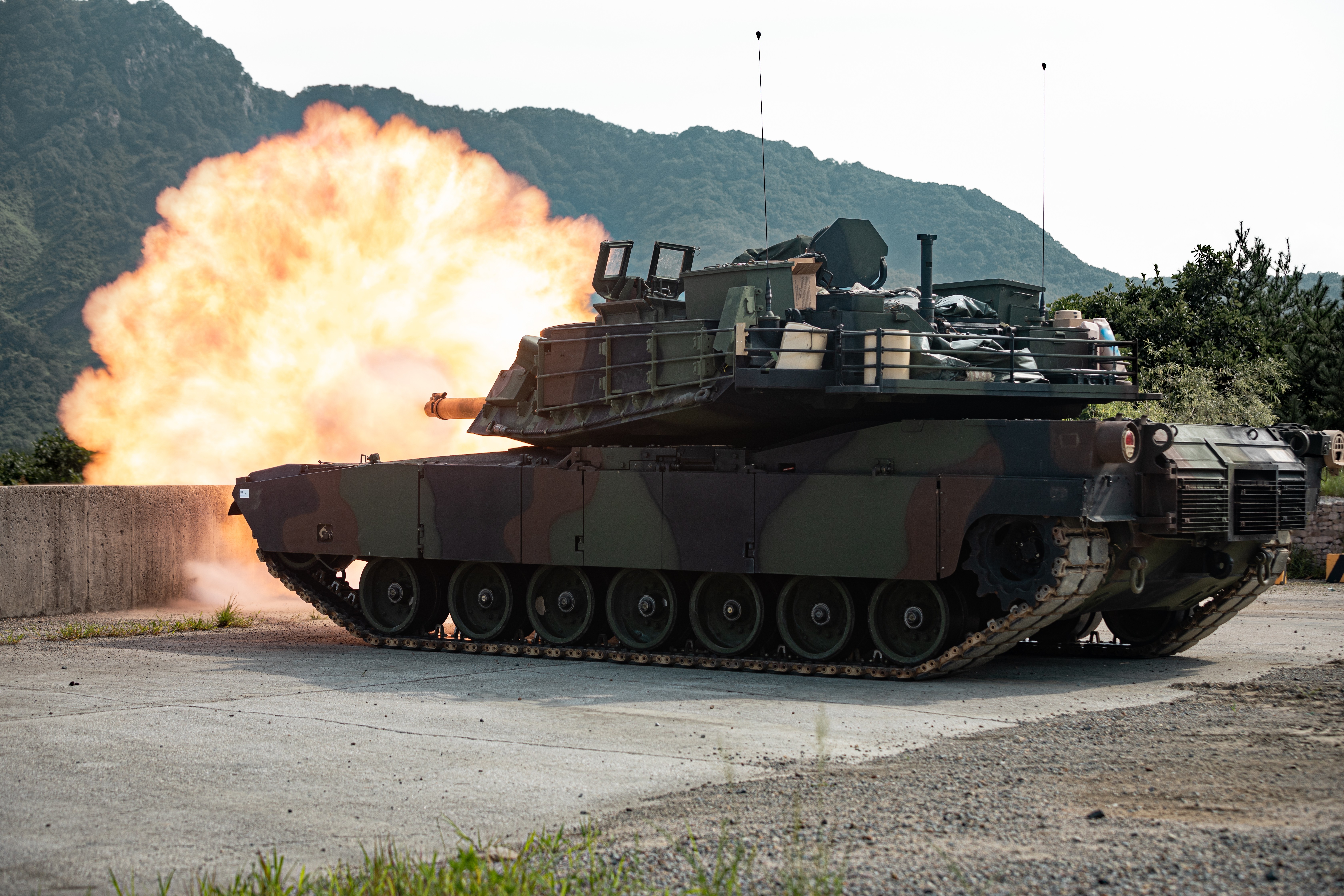 An M1A2 Abrams assigned to 1st Armored Division, fires during a live-fire exercise at Rodriguez Live-Fire Complex, South Korea, Aug. 5, 2024. The unit is participating in a deployment readiness exercise in support of Operation Pacific Fortitude,...