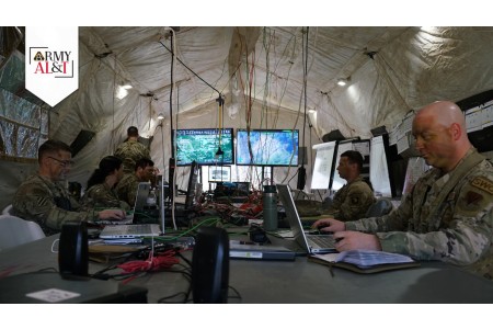 Soldiers with the 101st Airborne (Air Assault) conduct mission command operations in the division command post during Operation Legal Eagle. The 21-day training exercise, held at Fort Campbell in April 2024, provided a backdrop...