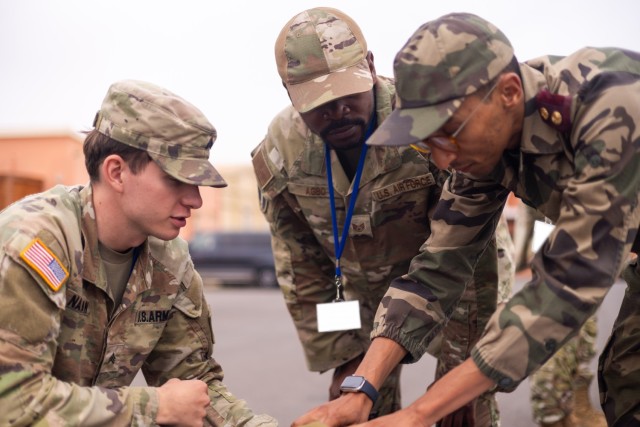 U.S. Army Sgt. Caleb Nawman and U.S. Air Force Staff Sgt. Arnaud Agbo complete a detailed inventory inspection with their Morrocan counterparts Aug. 15, 2024, at Agadir, Morocco. Agbo volunteered for Arcane Thunder 24 through the U.S. Air Force...