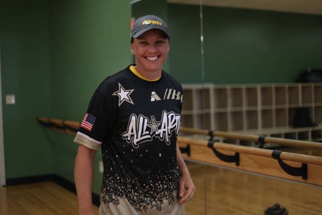 Sgt. Melina Wilkinson puts on the All-Army Women&#39;s Softball uniform for the first time at Fort Sill, Okla., Aug. 3, 2023.