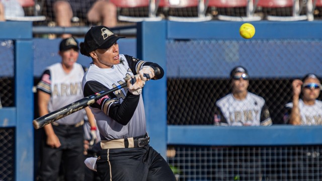 Army Sgt. Melina Wilkinson, a member of All-Army Women’s Softball Team, swings at a pitch during the Armed Forces Men’s and Women’s Softball Championship hosted by USA Softball at Devon Park in Oklahoma City, Aug. 17, 2024.
