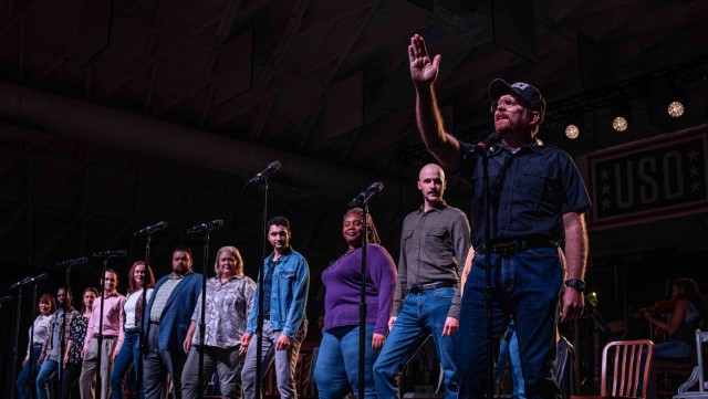 The cast of the United Service Organizations performs Come From Away at Fort Knox, Kentucky on August 21, 2024. The USO hosted a free performance for the installation that was open to the public.