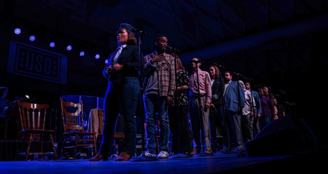 The cast of the United Service Organizations performs Come From Away at Fort Knox, Kentucky on August 21, 2024. The USO hosted a free performance for the installation that was open to the public.