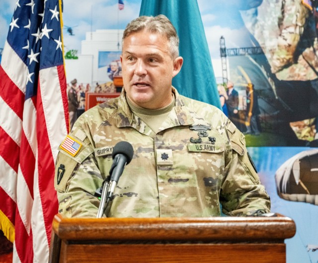 U.S. Army Lt. Col. John Suprynowicz, Soldier Recovery Unit, battalion commander, addresses attendees during the opening ceremony of the Initial Entry Training Cognitive Monitoring Program Testing Facility at Fort Moore, Georgia, Aug. 26, 2024....