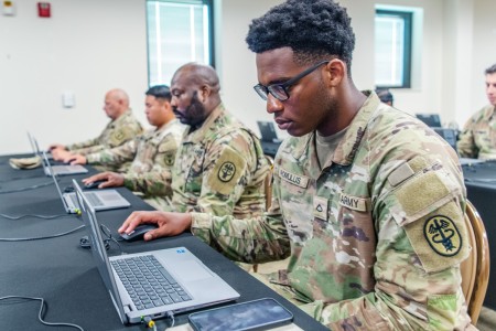 Soldiers participate in cognitive assessments at the newly opened Initial Entry Training Cognitive Monitoring Program Testing Facility at Fort Moore, Georgia, Aug. 26, 2024. The testing program aims to establish cognitive basel...