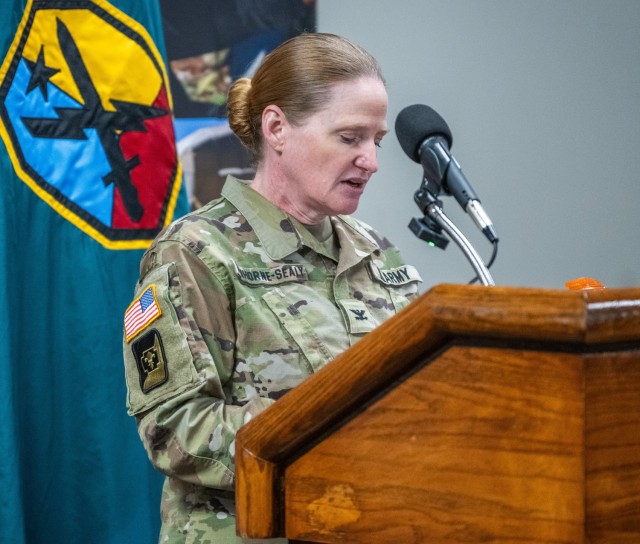 U.S. Army Col. Jama VanHorne-Sealy, Army Occupational Health Directorate, director, speaks at the opening ceremony of the Initial Entry Training Cognitive Monitoring Program Testing Facility at Fort Moore, Georgia, Aug. 26, 2024. The facility will...