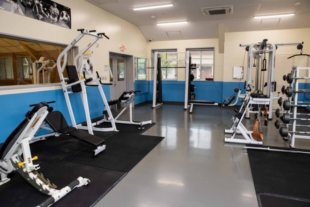 Various fitness equipment can be seen inside an air-conditioned weight room at a renovated fitness center at Sagami General Depot, Japan, Aug. 27, 2024. The center underwent several renovations as part of a two-year-plus project.